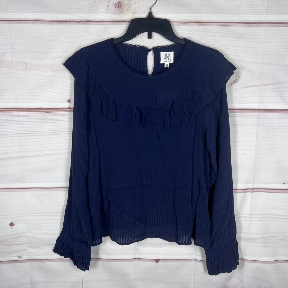 dRA Los Angeles Blouse Womens M Blue Stripe Ruffles Long Sleeve Blouse Pullover